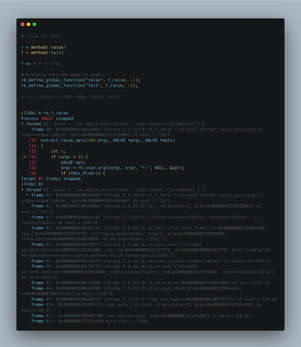 alazycoder2's tweet image. In #ruby2.3+ actually raise is exactly the same as fail. So no difference from ruby&apos;s point of view, but for developers it might be different.