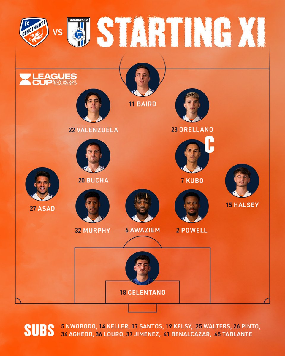 fccincinnati's tweet image. Tonight&apos;s #AllForCincy starting XI vs Querétaro. 🦁

Lineup notes » fccincy.com/4cbyGXR
