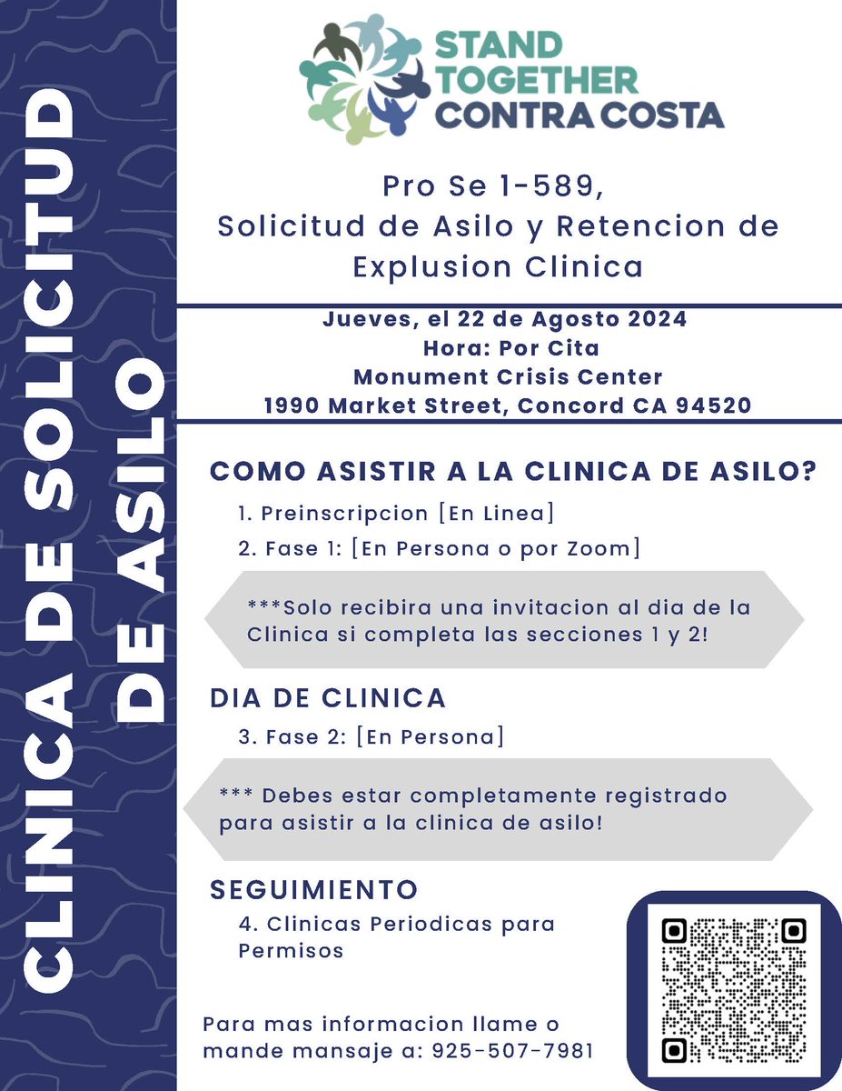 StandTogetherCC's tweet image. Stand Together Contra Costa is organizing an Asylum Clinic in Contra Costa County to assist individuals and families with their Pro Se I-589 Asylum applications. Please read, share and register.