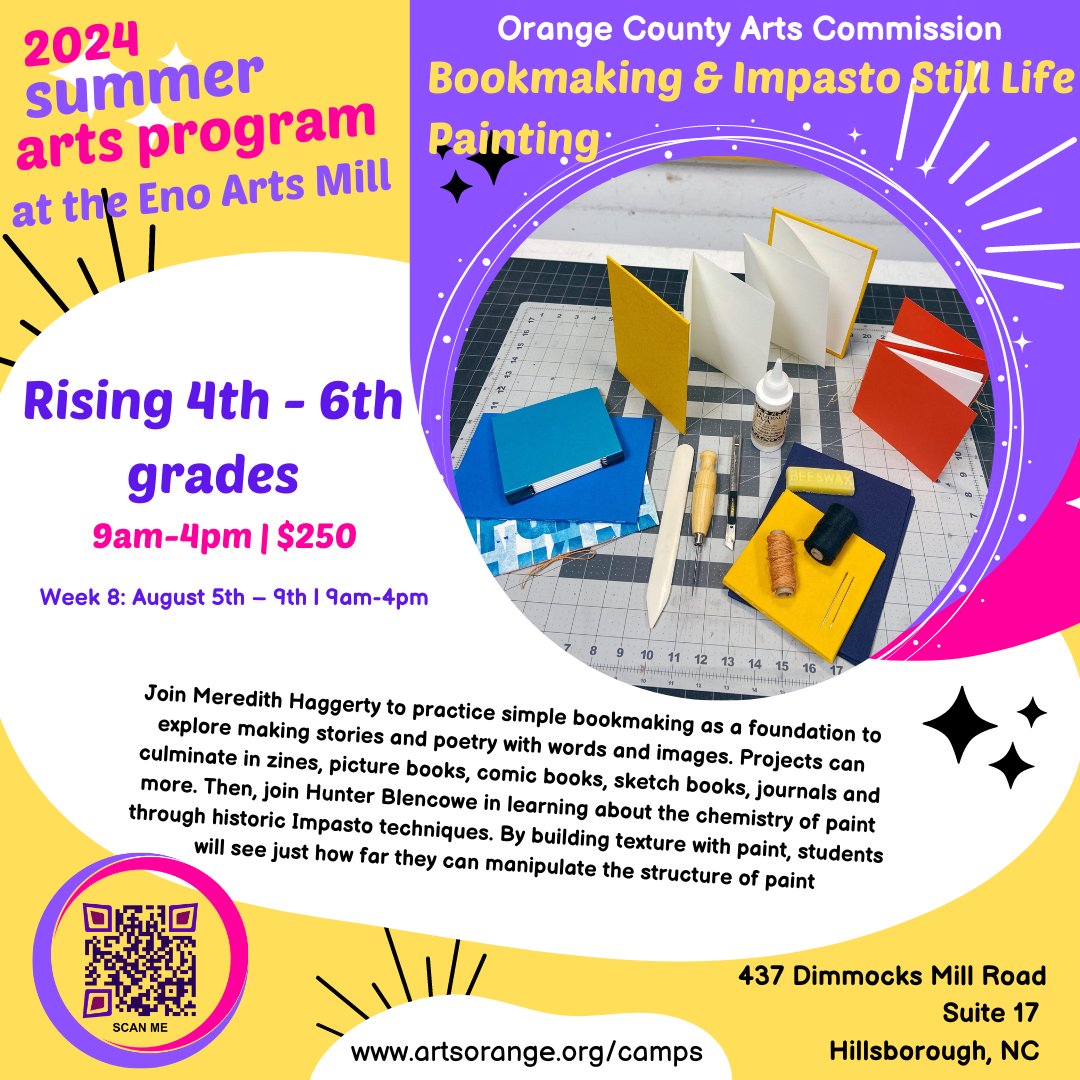 We have 4️⃣ spots left in next week's camp! It's not too late to sign up for Bookmaking &amp; Impasto Still Life Painting for Rising 4th-6th graders! 

August 5th-9th | 9am-4pm | $250

🔗artsorange.org/camps/