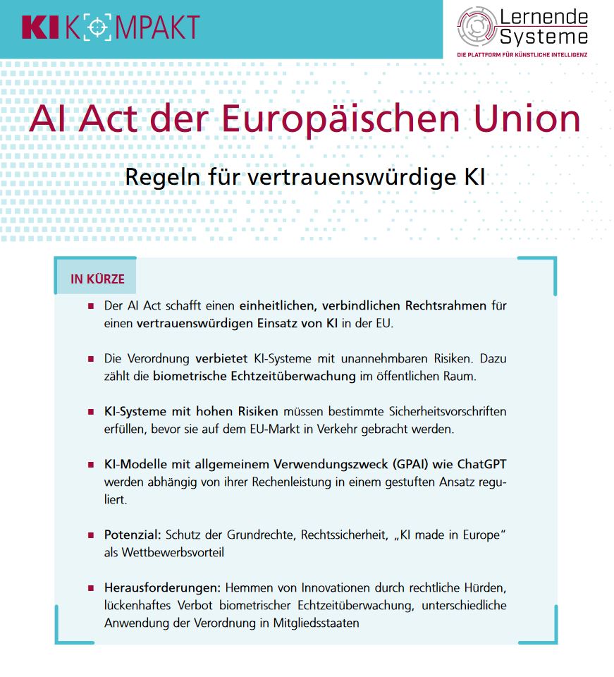 KI gestalten (@lernendesysteme) on Twitter photo ⚖ Am 01. 08. trat der #AI Act in Kraft. Die Verordnung der #EU legt klare Regeln für Entwicklung und Einsatz von #KI-Systemen fest und schafft einen verbindlichen Rechtsrahmen. Kernpunkte und Anwendungsbereiche skizziert unser Kurzformat "KI Kompakt" 👉plattform-lernende-systeme.de/files/Download… ⚖ Am 01. 08. trat der #AI Act in Kraft. Die Verordnung der #EU legt klare Regeln für Entwicklung und Einsatz von #KI-Systemen fest und schafft einen verbindlichen Rechtsrahmen. Kernpunkte und Anwendungsbereiche skizziert unser Kurzformat "KI Kompakt" 👉plattform-lernende-systeme.de/files/Download…