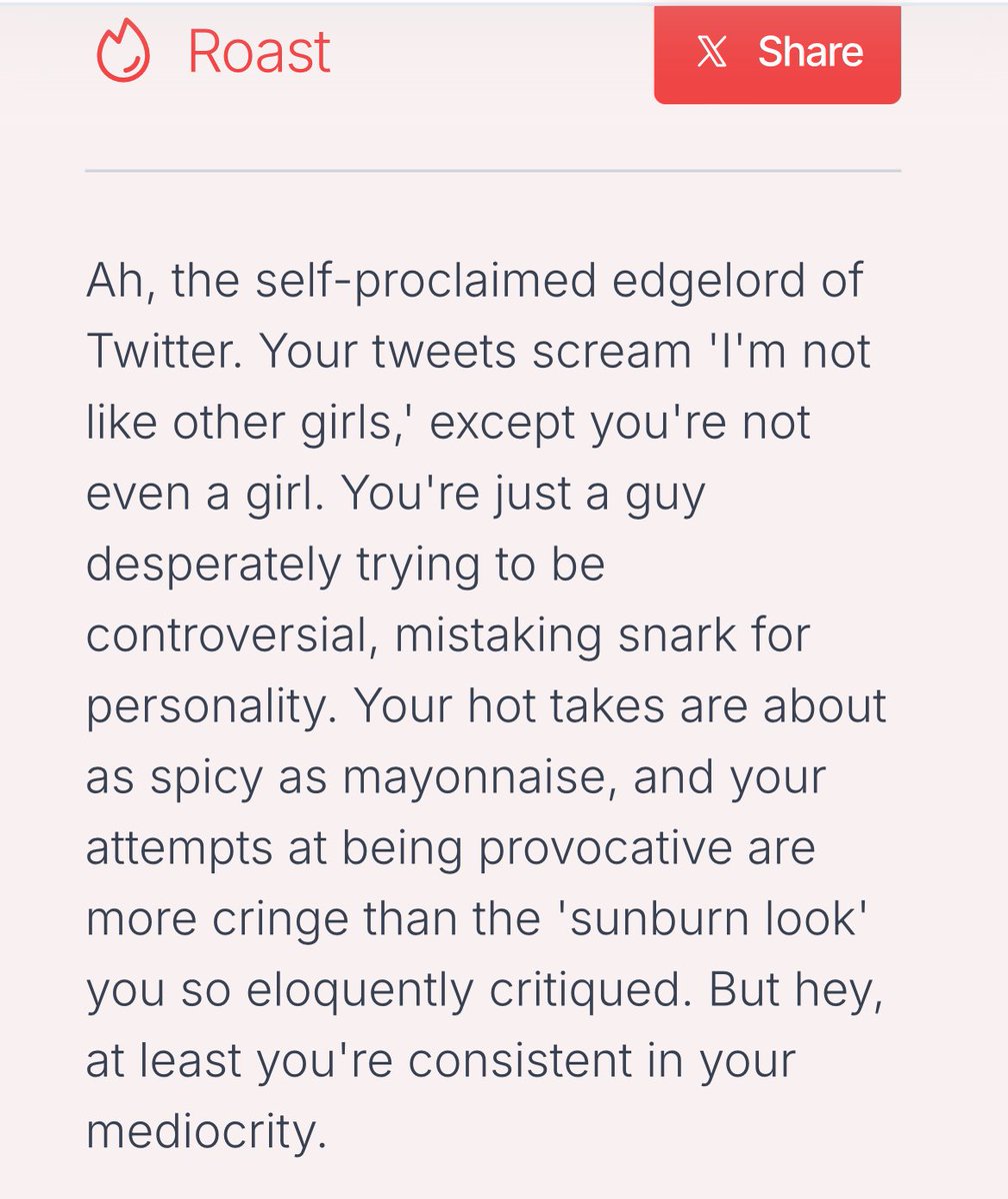 cantchart's tweet image. The way even the AI can’t roast me omfg cuz why am I kinda flattered… I’m edgy, different, controversial, provocative, snarky, eloquent and consistent… thanks i guess!