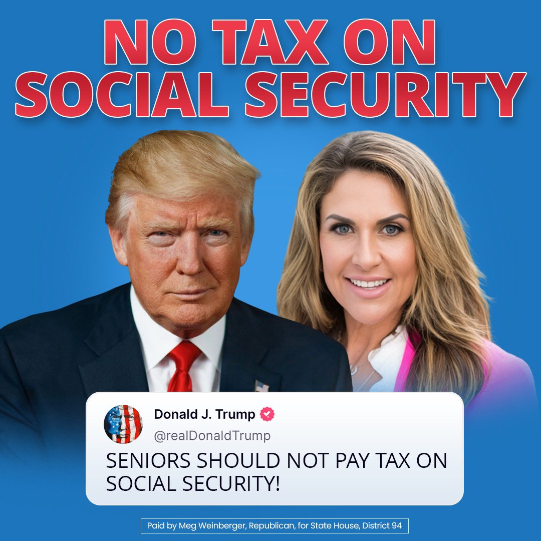 megforflorida's tweet photo. President Trump is exactly right.

Many seniors are on fixed incomes and struggle to make ends meet with out-of-control inflation.

No tax on Social Security!

#MagaMeg #HD94 #Trump2024 https://t.co/b2ZIQEzmN0