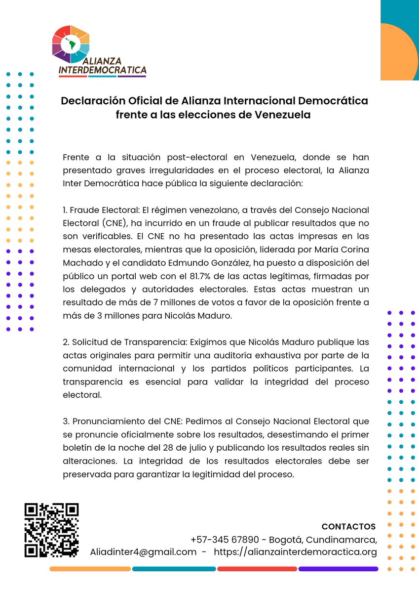 a_cabalidad's tweet photo. Declaración oficial de nuestra organización frente al caos producido en Venezuela después del fraude orquestado por Nicolás maduro y su régimen. 

No vamos a conciliar con la dictadura, no vamos a consentir 5 años más de miseria, éxodo de los venezolanos en toda parte del mundo. https://t.co/lfXh7GEIcT