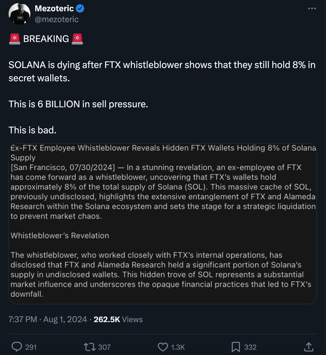 🚨 BREAKING 🚨

SOLANA is dying after FTX whistleblower shows that they still hold 8% in secret wallets. 

This is 6 BILLION in sell pressure.  

This is bad.

(Thank god these people exist!)