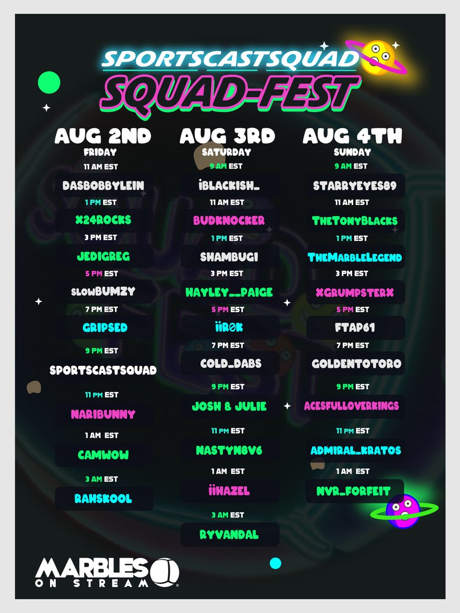 OMG, guess what?! Tomorrow, Squad Fest kicks off! 27 streamers, 3 days, 35 skins each stream, LFG!

Squad Fest is always a fun time! Huge shoutout to <a href="/SportsCastSquad/">SportsCastSquad ⚡️</a> for putting it together and inviting me to be a part of it. I'll be on at 8 PM Pacific! 
twitch.tv/naribunny