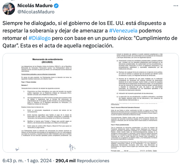 #AHORA Maduro le pide a Estados Unidos retomar el diálogo

"Si el gobierno de EE. UU. está dispuesto (...) Podemos retomar el diálogo", dijo en una publicación en la que agregó el acuerdo firmado en Qatar.

VPItv.com