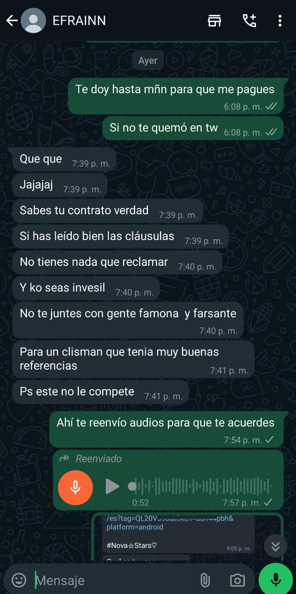 🚨ESTAFA🚨 
Tengan cuidado con hacer algún contrato para equipo Main con el team @NovaStarPER, recuerden si quieren contrato con este team cobrar primero adelantado o de lo contrario el ceo(EFRAIN) se cerrará con el pago y te dirá que eres un invesil 🔥