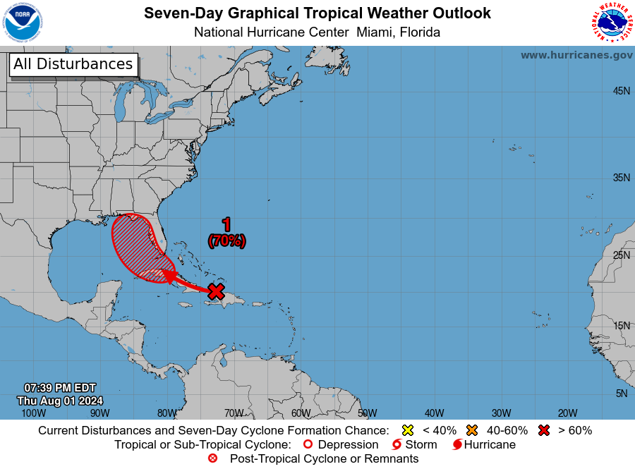 8 pm EDT Aug 1: A tropical depression is likely to form over the Straits of Florida or eastern Gulf of Mexico near Florida this weekend. Regardless of development, heavy rains could cause flash flooding across portions of Florida, Cuba, and the Bahamas through the weekend.