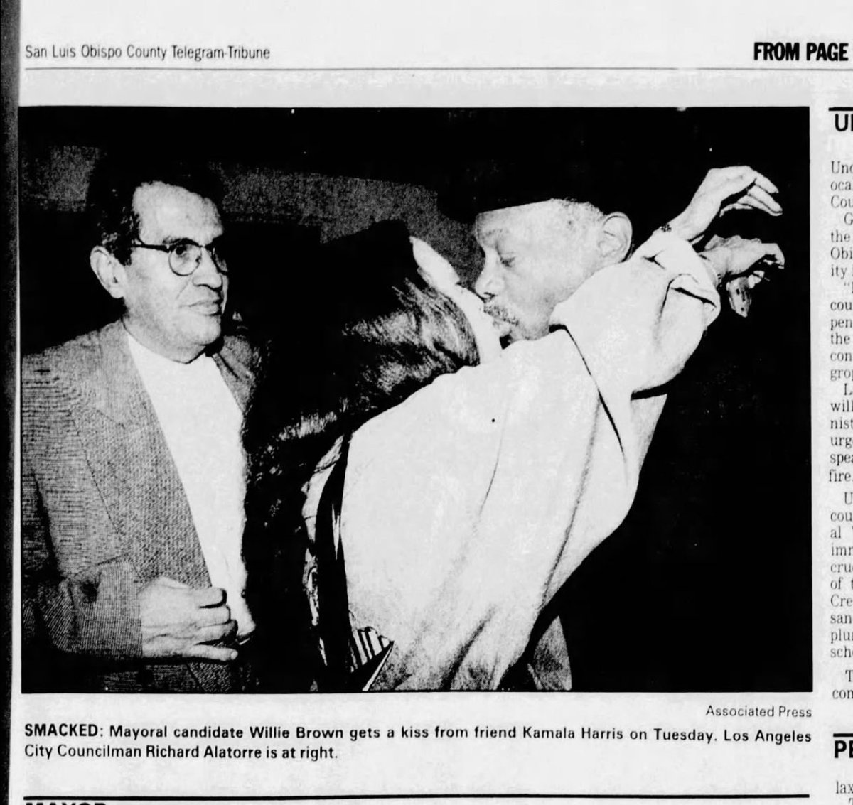 Laura Loomer (@lauraloomer) on Twitter photo NEW:
I have obtained another Photo of <a href="/KamalaHarris/">Kamala Harris</a> at 29 kissing then married Willie Brown (60) at one of Brown’s political functions.
This is from the November 8th, 1995 edition of the San Luis Obispo County Telegram Tribune.
Look at her kissing a married man.
The same NEW:
I have obtained another Photo of <a href="/KamalaHarris/">Kamala Harris</a> at 29 kissing then married Willie Brown (60) at one of Brown’s political functions.
This is from the November 8th, 1995 edition of the San Luis Obispo County Telegram Tribune.
Look at her kissing a married man.
The same