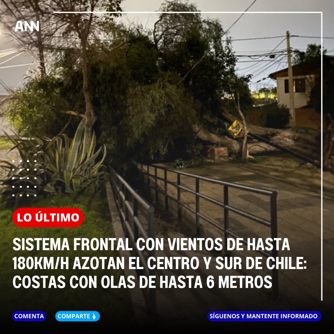 ⭕️ #LOÚLTIMO | Fuertes vientos de hasta 180 Km/h afectan la zona centro-sur de Chile, dejando caídas de arboles, viviendas sin techos y mas de 700.000 clientes sin servicio eléctrico.

#ANN