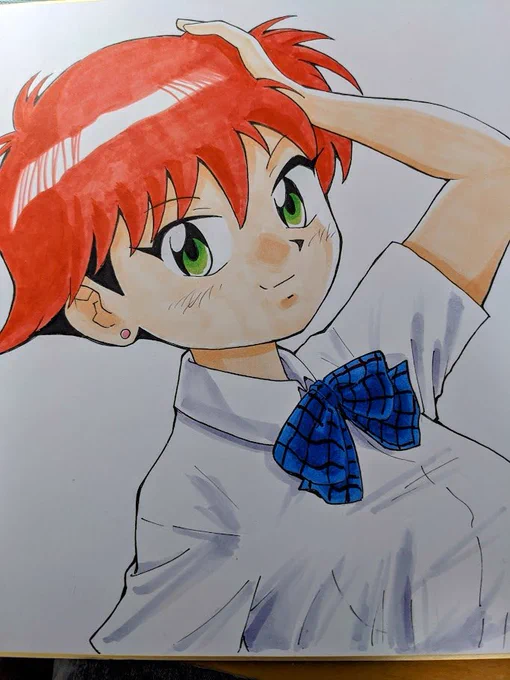 ⑨キャラの色が塗り終わりました⑩キャラの部分にマスキングシートを貼ります⑪コピックエアブラシで色を吹き付けます⑫シートをはがして完成です!