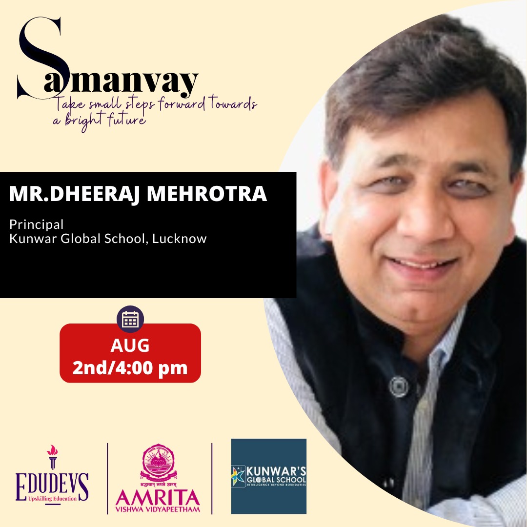 Samanvay: Take Small steps forward towards a bright future

Topic: Understanding the Importance of Mental Health in Career Success

🗓 Date: 2nd August 2024

⏰ Time: 4:00-5:00 PM

Certificate of Participation shall be shared.

📌 Registration Link: amritavishwa.viewpage.co/pcs