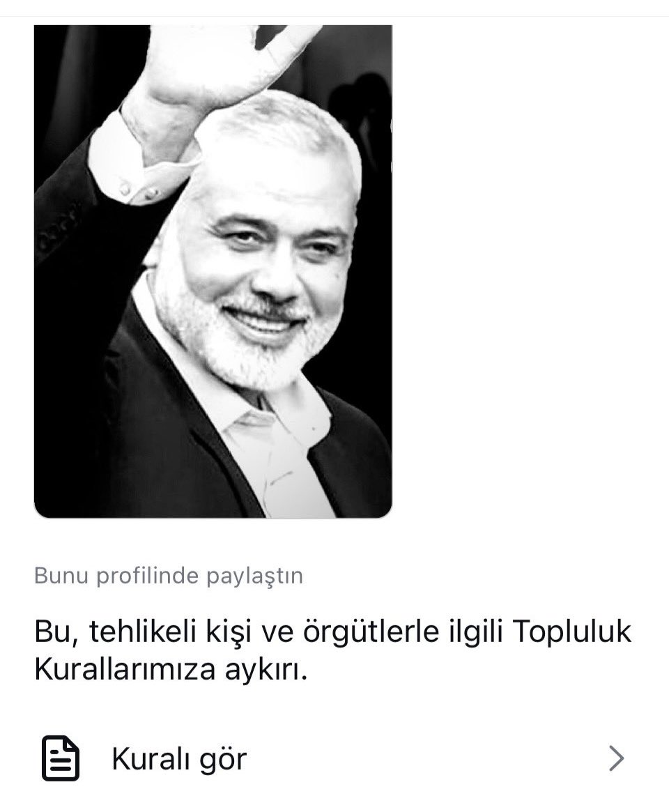 Instagram erişim engelinin nedeni Haniye paylaşımlarının kaldırılmasıdır. BTK başka bir bahane bulacaktır ama asıl sebep budur. Bu saçma gerekçe yüzünden milyonlarca kişinin iletişim özgürlüğü kısıtlandı. En önemlisi binlerce insanın Instagram üzerinden yaptığı iş engellendi.