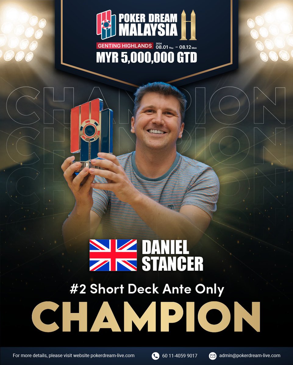 Congratulations to Daniel Stancer from the United Kingdom for winning the Poker Dream11 Malaysia Short Deck Ante title! Your impressive skill and strategic play were truly outstanding, setting you apart in this highly competitive event. Wishing you continued success and many more