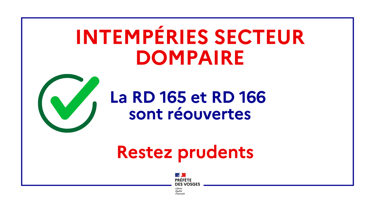 Prefet88's tweet photo. [Intempéries dans le département]

✅Les routes départementales 165 et 166 sont ouvertes à la circulation.

🙏 Soyez prudents https://t.co/55uu9mgHFq