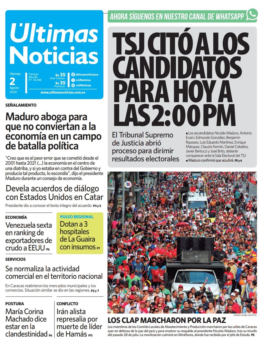 👋 ¡Buenos días! Presentamos nuestra #PortadaDelDía🗞️  #ÚltimasNoticias #2Agosto

📲 Visita nuestro portal web ultimasnoticias.com.ve