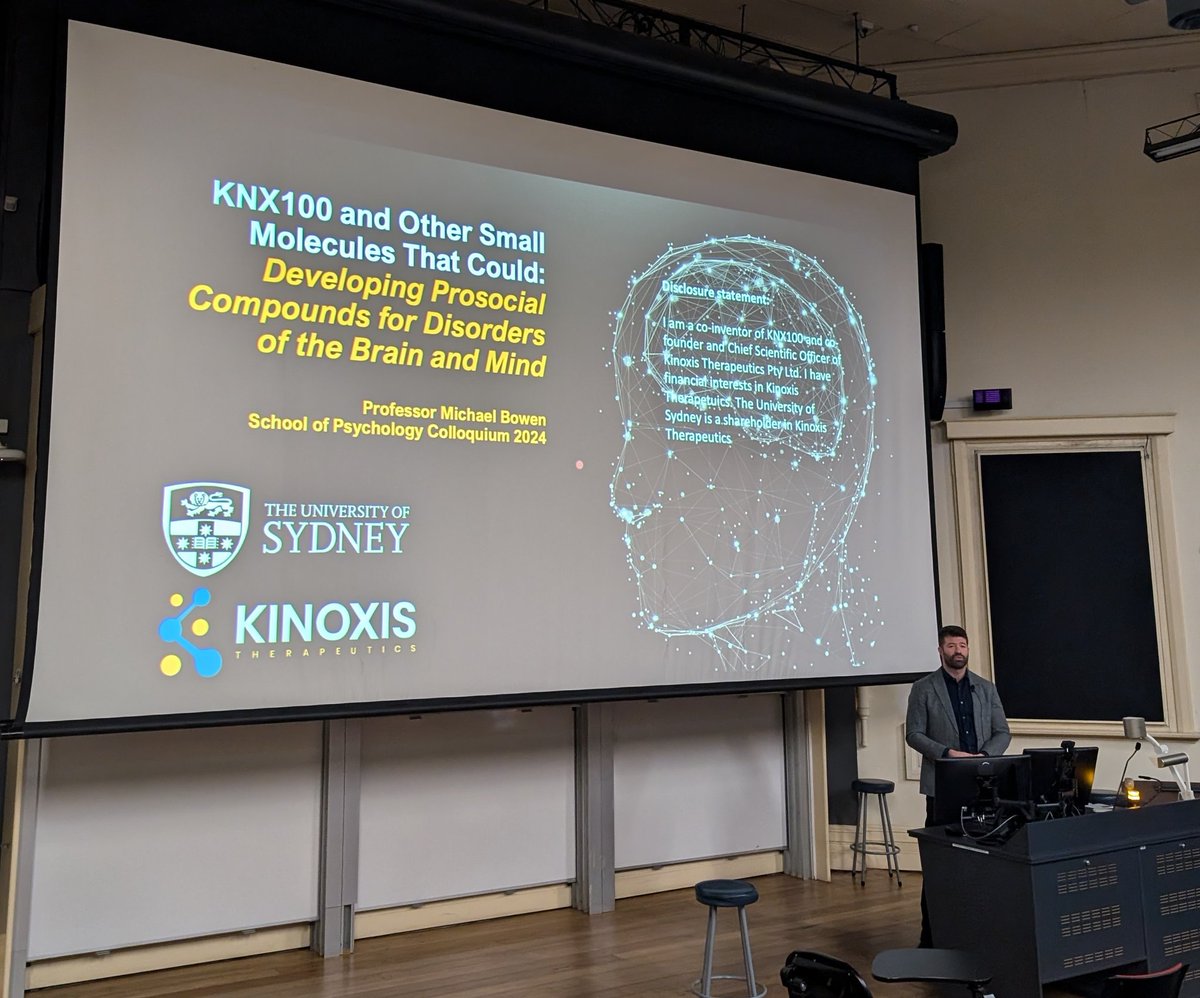 Nick Everett (@neuronick_) on Twitter photo Stoked to introduce <a href="/BowenLabTweets/">Michael Bowen</a> and his Professorial talk at the <a href="/UsydPsych/">USYD Psychology</a> School of Psychology Colloquium, giving a great overview of his leadership in the <a href="/Kinoxis_Tx/">@Kinoxis_tx</a> program to develop novel therapies for social and substance use disorders. <a href="/BrainMind_Usyd/">Brain & Mind Centre</a> Stoked to introduce <a href="/BowenLabTweets/">Michael Bowen</a> and his Professorial talk at the <a href="/UsydPsych/">USYD Psychology</a> School of Psychology Colloquium, giving a great overview of his leadership in the <a href="/Kinoxis_Tx/">@Kinoxis_tx</a> program to develop novel therapies for social and substance use disorders. <a href="/BrainMind_Usyd/">Brain & Mind Centre</a>