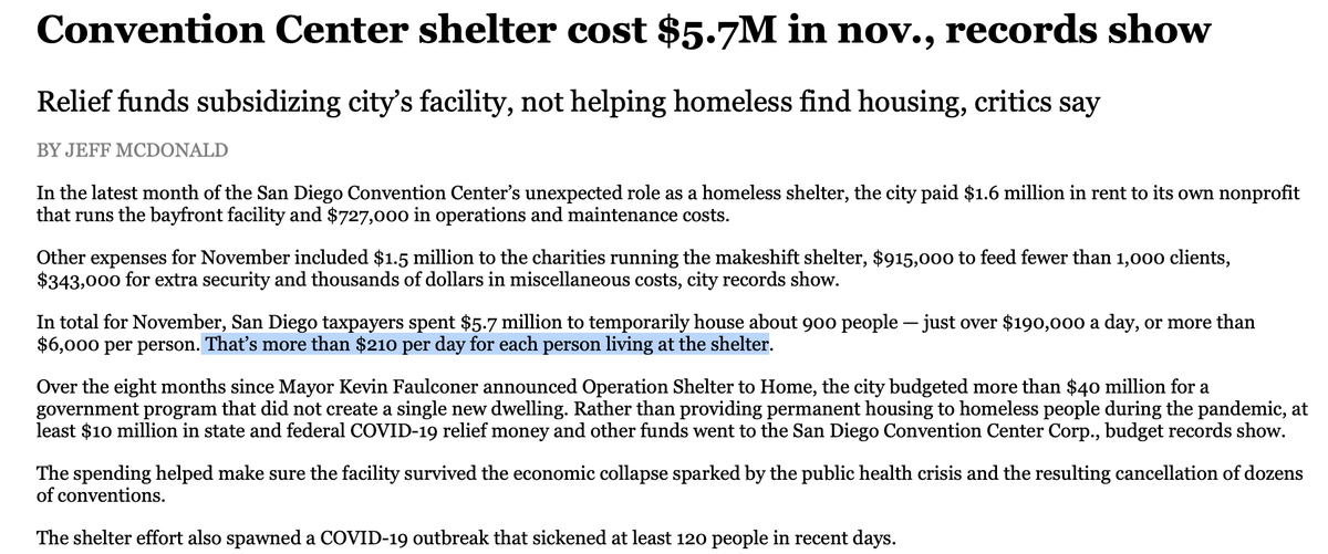 LoriSaldanaSD's tweet photo. Here's a 🧵of things @CM_Jencampbell said at a community meeting tonight re:#SanDiego's response to #homelessness during the #COVID outbreak, when the @SDConventionCtr was turned into a mega-shelter at a cost of over $10 million/month: 

1️⃣ "...the people who work in the city who would have been laid off were able to volunteer if they wanted to help the #homeless. They were trained and then they would have jobs as well so it worked out very well and it went for about a year and the city and the county worked very well together which is not always true in the past… so out of the approximately 14000 homeless people who passed thru the convention center that year there were only 26 cases of COVID."

FACT CHECK: There were many more than 26 cases of COVID in the shelter. At least once, according to a Convention Center report: An entire shift of workers had to be replaced due to exposure after shelter residents  tested positive.

From a December 7, 2020 report: https://t.co/P6L2AHm4ZW

In less than a week, at least 80 people have tested positive for the novel coronavirus the San Diego Convention Center while it's being used to house the homeless amid the coronavirus pandemic, the city said Monday.

At least 50 cases connected to the facility were reported on Saturday from tests given on Dec. 3. On Monday, the city reported another 26 positives from tests administered on Dec. 5. Another round of testing was conducted on Monday but the results were not yet available.

The city did not clarify how many positive cases were among staff and how many were among the homeless population, though both groups are tested regularly.

More than 870 homeless individuals, which the city refers to as clients, are being sheltered at the San Diego Convention Center through the city's Shelter to Home program, which launched in April to keep the vulnerable population safe amid the coronavirus outbreak.

Since the program was established, 107 staff and clients have tested positive for the coronavirus. The last week's surge in cases is the largest reported to date, though Mayor Kevin Faulconer said in March that they were prepared for the inevitability of an increase in cases among the homeless population.

"The recent positive test results are not unexpected given the surge seen throughout the region, the state and the country," city spokesperson Ashley Bailey said.