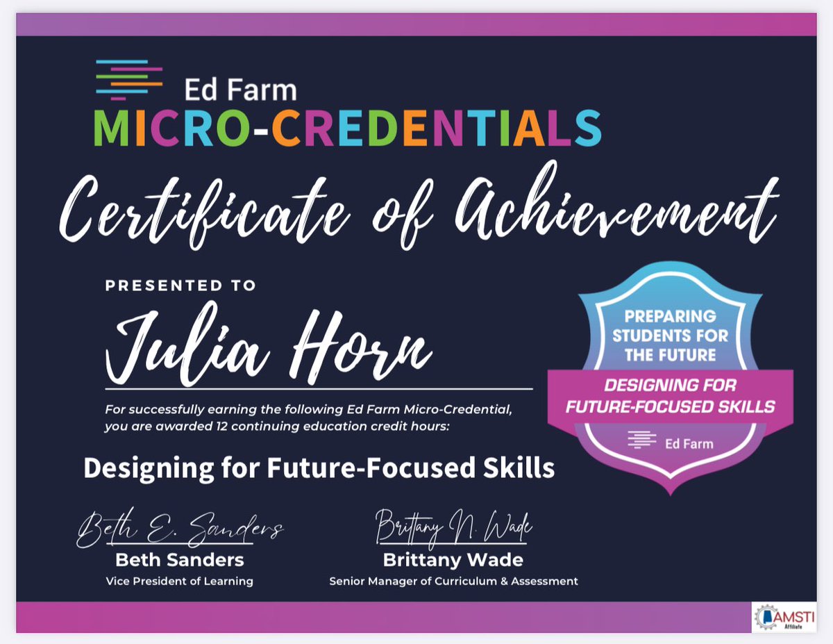 Congratulations to go out to Julia Horn at @JohnnieRCarrMS. She is the first to earn a Micro-Credential in Designing for Future Focused Skills with <a href="/_EdFarm/">Ed Farm</a> We are preparing students for the future! #TheresMoreWithMPS