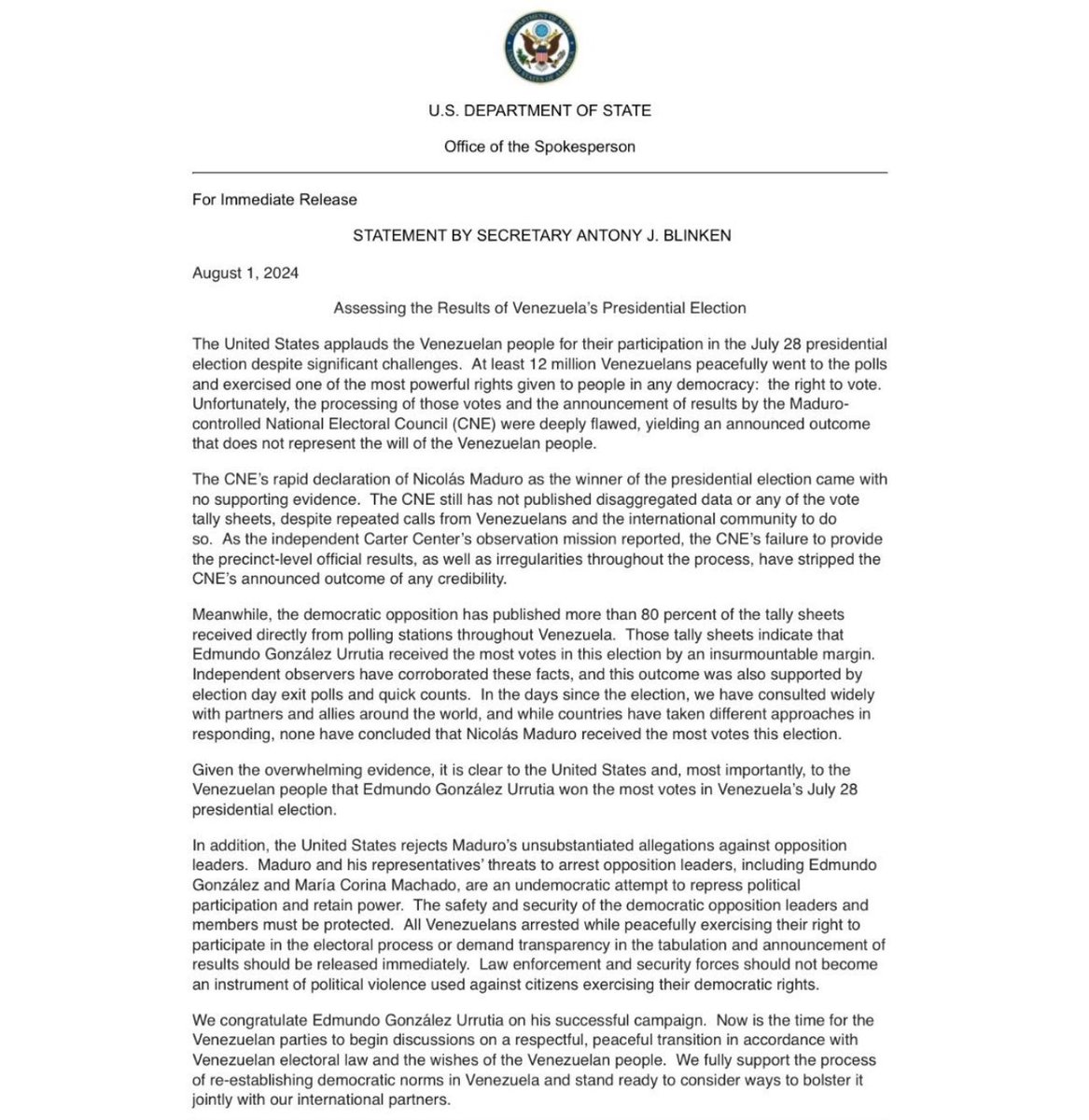 bennyjohnson's tweet image. 🚨 BREAKING: The United States Department of State issues a statement recognizing Edmundo González Urrutia as the new President Elect of Venezuela and says “overwhelming evidence” shows he defeated Nicolás Maduro