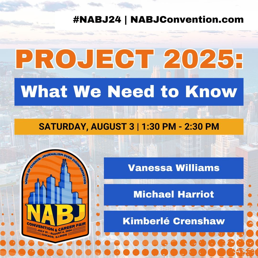 #NABJ24: 📃Project 2025 has become a focal point of discussion and debate. Leading journalists and policy scholars <a href="/MsVanessaW/">Vanessa Williams</a>, <a href="/MichaelHarriot/">Michael Harriot</a>, and <a href="/sandylocks/">Kimberlé Crenshaw</a> will break down the complexities of Project 2025. Explore what this means for reporting and the "anti-woke" movement.