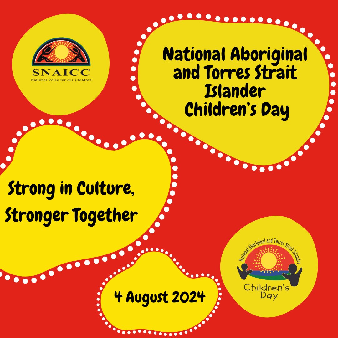 Happy National Aboriginal &amp; Torres Strait Islander Children’s Day for this weekend! This year’s theme, 'Strong in Culture, Stronger Together', celebrates the strength our children gain from their deep connections to culture &amp; community.

@SNAICC
#StronginCulture #StrongerTogether