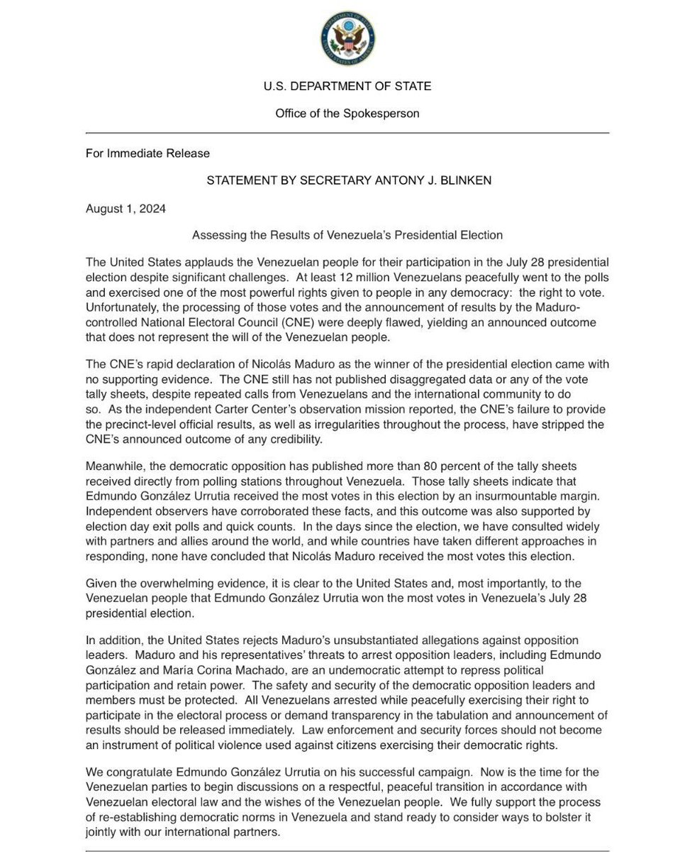 🚨🇻🇪🇺🇸 Aquí el comunicado íntegro del gobierno de Estados Unidos en el que deja muy clara su posición: la elección presidencial de Venezuela la ganó Edmundo González