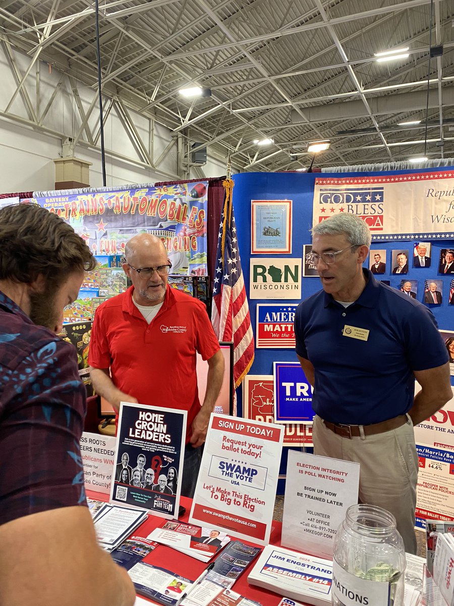 MarissaJBenson's tweet photo. First day of the #WisconsinStateFair is winding down 🎡 What a FANTASTIC turnout! Special thanks to @WaukeshaGOP, @mkegop, @JulianBradleyWI, @NikRettingerWI, @SenHutton for stopping by &amp; engaging with WI voters 🇺🇸🇺🇸🇺🇸 We are ready to keep rocking this week &amp; #MAGA! https://t.co/tZIeFgsEC3