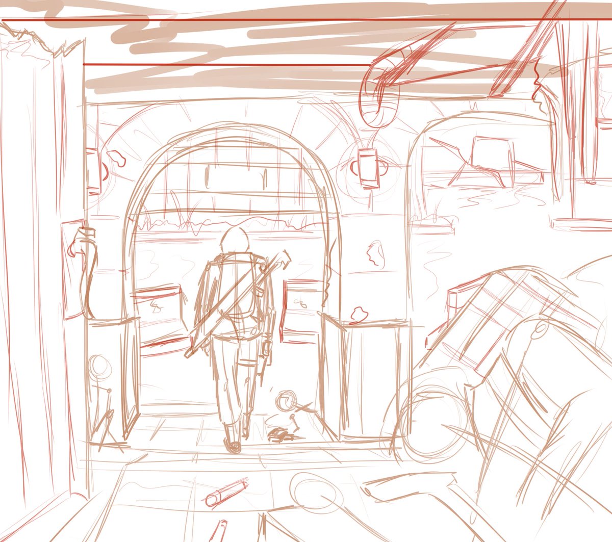 Brace73419838's tweet photo. A veeery old drawing from way back when, showing DJ wandering through an old, long-turned-to-rubble locale, I think Redwood. A sketch that didn't get very far, sadly. #datajack https://t.co/KlxzYlLK1q