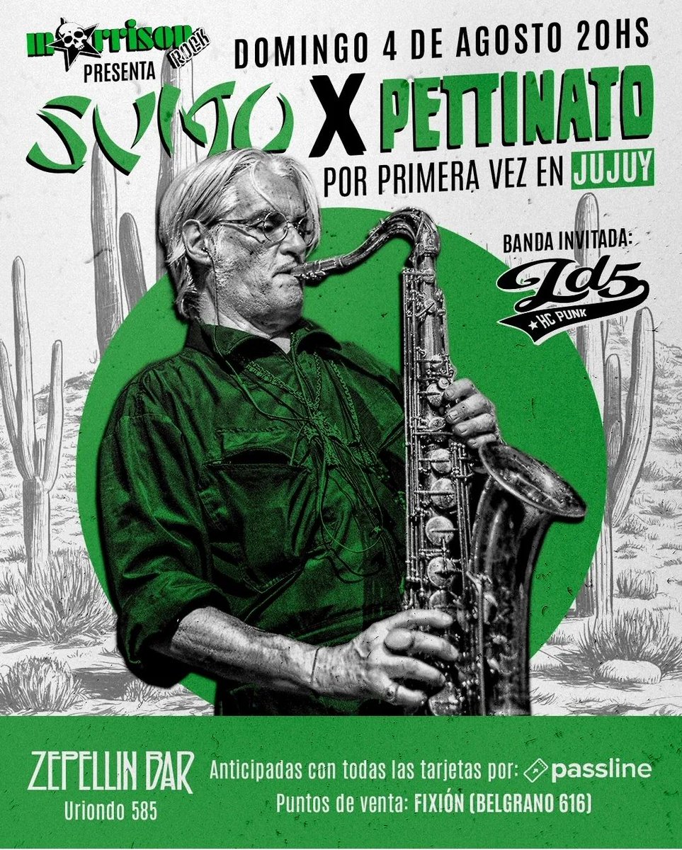 <a href="/rpettinato/">PETTINATO ANDERSON DE FYHN</a> <a href="/LaTrastiendaBA/">La Trastienda</a> <a href="/tuentrada/">TuEntrada.com</a> <a href="/Passline_Arg/">Passline Argentina</a> #SumoxPettinato en Tucumán: vie. 2 de agosto en Las Piedras 1850 🎷 Salta: sáb 3 en Aniceto Latorre y Alvear 🎸 Jujuy: Dom 4 en Uriondo 585 🥁

#Sumo #Pettinato #rock