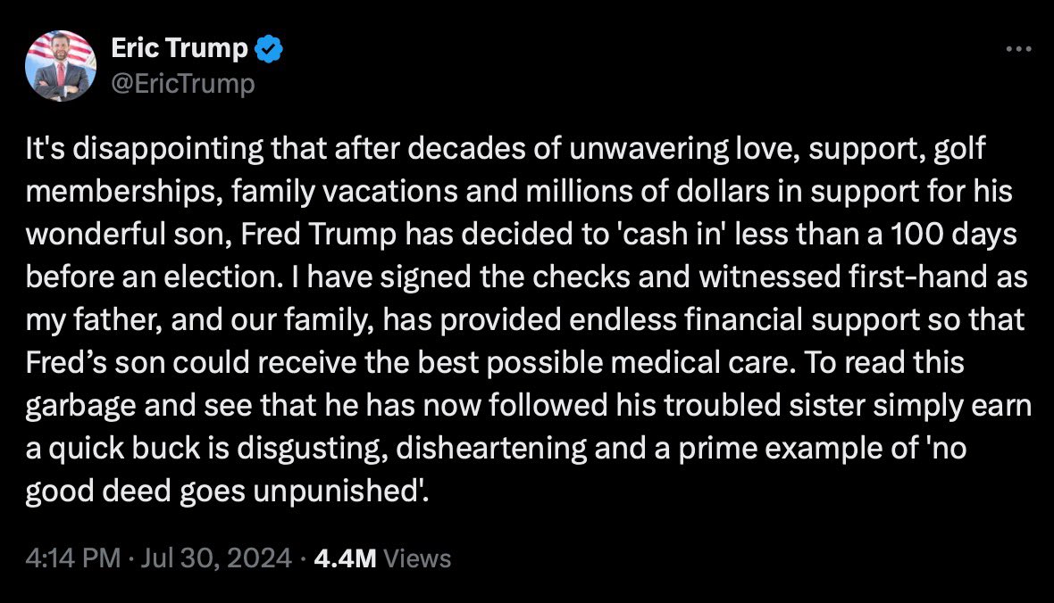 Eric Trump released a statement attacking my brother that was full of lies and misinformation. I felt compelled to set the record straight.