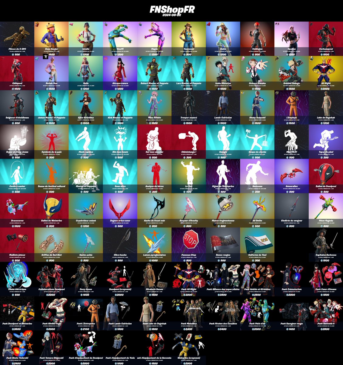 FNShopFR's tweet image. Boutique #Fortnite du 2024-08-02 !

N'oubliez pas d'activer les notifs pour ne rater aucune boutique. 🔔

Nombres d'items : 95
Maximum vu pour la dernière fois : 765 jours
Minimum vu pour la dernière fois : 1 jours