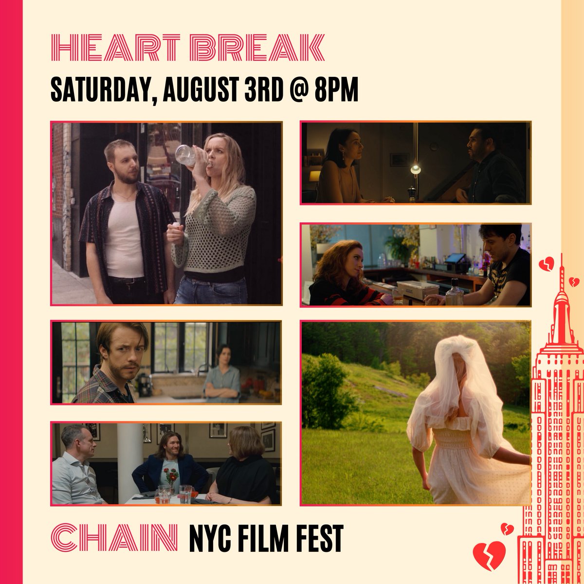 Heartbreak
Saturday Aug 3 - 8pm
Tickets: ow.ly/emHs50SPHgI

Chateau Paradis

Definitely Something

Katoya 

L'aura 

Rockbottom 

The Visit 

#indiefilm #filmfestival #nycfilmfestival #chainfilmfestival #filmfest #filmmaker #filmmakerlife