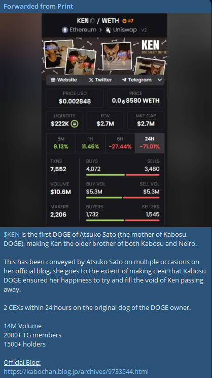 Thefirstdogeeth's tweet photo. Welcome @PRINTMYMINT to the $KEN fam https://t.co/id6a0oK1IQ