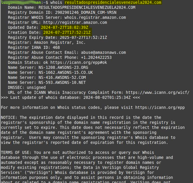 Confirmo lo publicado originalmente por Kenny Ossa: el dominio de  la página web …ltadospresidencialesvenezuela2024.com, donde Vente Venezuela publicó inicialmente sus actas, fue creado el 27 de julio en la noche, cuando ni siquiera habían empezado las elecciones. Fue algo premeditado.