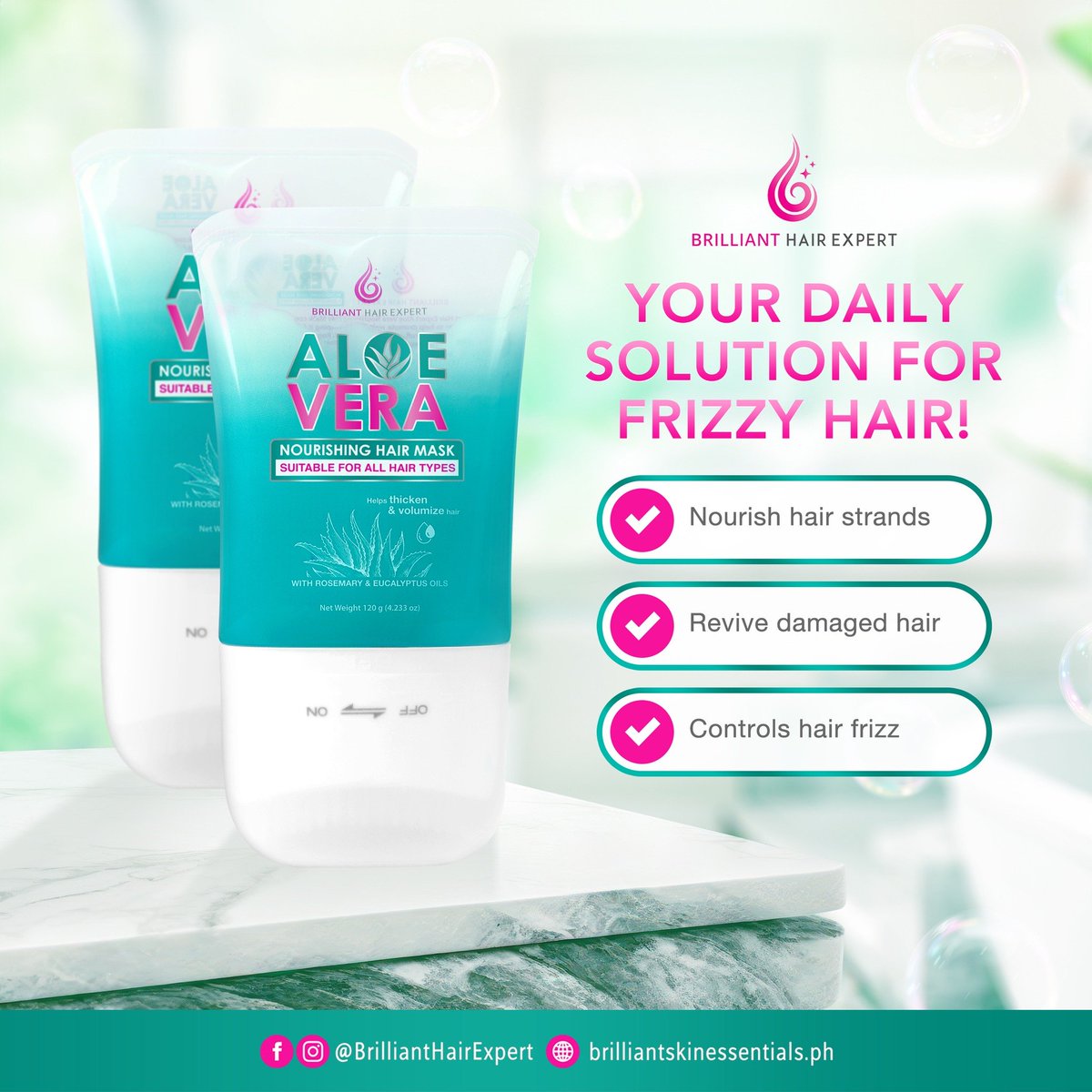 YOUR DAILY SOLUTION FOR FRIZZY HAIR! 😍

Add this Aloe Vera Nourishing Hair Mask to your daily hair care routine for frizz-free hair. 🍃

Buy yours now for only PHP 275.00 SRP! 🛒

#BrilliantHairExpert 💧
#BrilliantSkinEssentials 💎