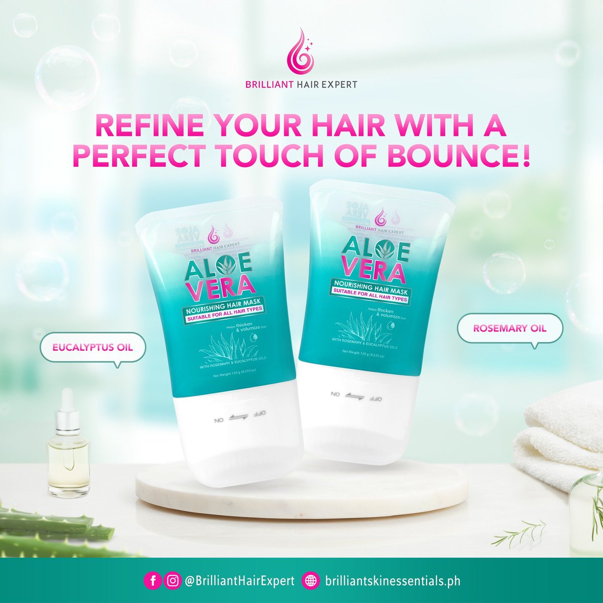 REFINE YOUR HAIR WITH A PERFECT TOUCH OF BOUNCE! 🍃

Aloe Vera Nourishing Hair Mask contains Eucalyptus Oil and Rosemary Oil promoting scalp health and enhancing hair growth for a bouncy look throughout the day. 🥰

#BrilliantHairExpert 💧
#BrilliantSkinEssentials 💎