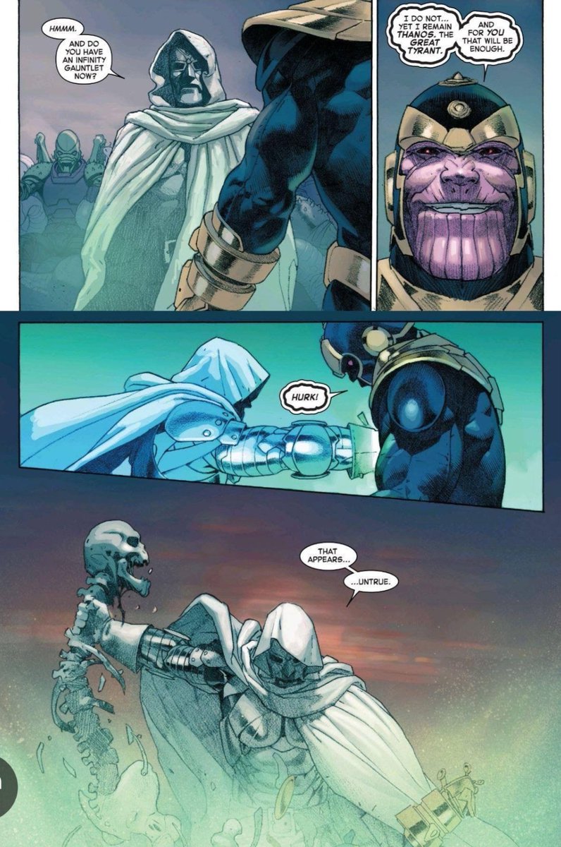 Prometh57380989's tweet photo. Real quick I also want to throw in that I think RDJ's Doom is going to be a ruse. I feel like they're going to make him seem invincible and when the Avengers lose all hope the future MCU Doom is going to decimate him. Just like Thanos vs Doom in Hickman's Secret Wars. https://t.co/MaIS9rxd5n