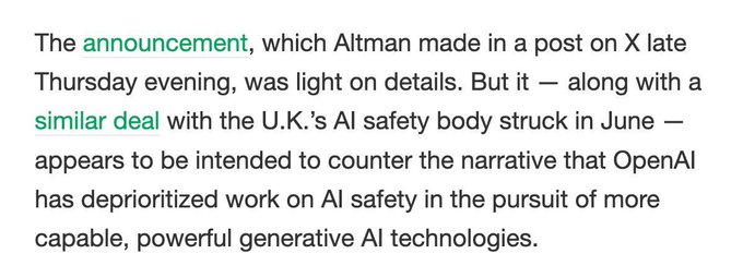 OpenAI pledges to give U.S. AI Safety Institute early access to its next model https://t.co/TYUIUw9eHm
