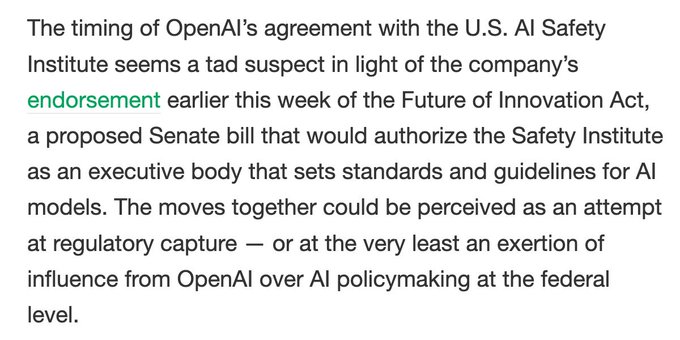 OpenAI pledges to give U.S. AI Safety Institute early access to its next model https://t.co/TYUIUw9eHm