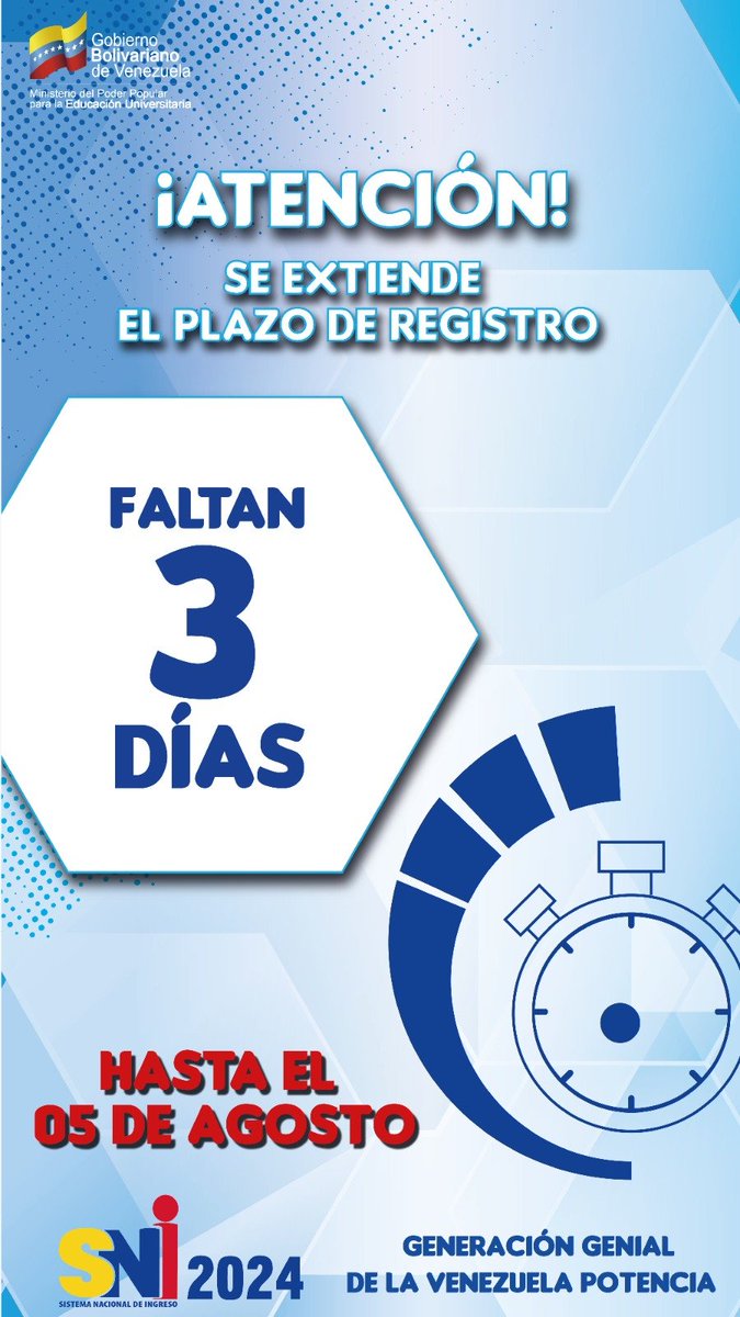 🔴¡ATENCIÓN!

Se extiende el plazo de registro del Sistema Nacional de Ingreso.

🏃‍♀️Tienes hasta el #05Agosto⏰

¿Qué esperas? Accede 📱 al sni.opsu.gob.ve