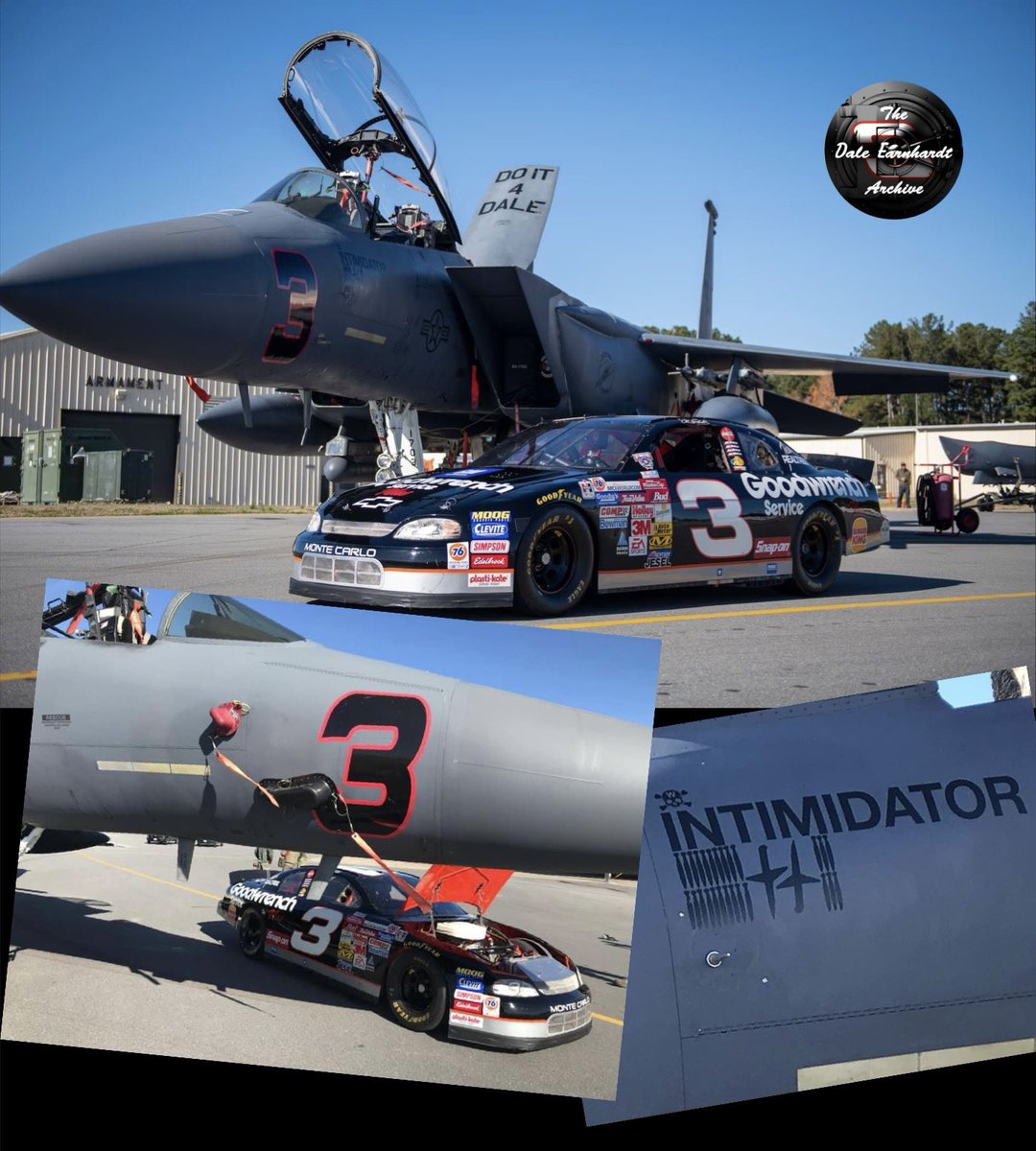 Dale Earnhardt's iconic Monte Carlo alongside a custom F-15E Strike Eagle from Seymour Johnson Air Force Base that has a tribute nose art in memory of  Dale! 

📸 Unknown.
