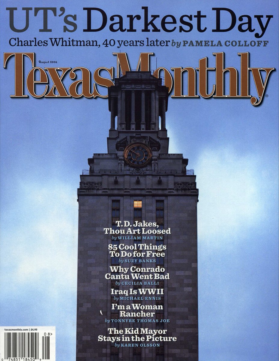 Evan Smith (@evanasmith) on Twitter photo Every year on this day — the anniversary of Charles Whitman’s
shooting spree at the Unversity of Texas — I post a link to the best story I ever edited: <a href="/pamelacolloff/">Pamela Colloff</a>’s “96 Minutes.” It’s still the best read, and Pam is still and always the 🐐 texasmonthly.com/true-crime/96-… #txlege Every year on this day — the anniversary of Charles Whitman’s
shooting spree at the Unversity of Texas — I post a link to the best story I ever edited: <a href="/pamelacolloff/">Pamela Colloff</a>’s “96 Minutes.” It’s still the best read, and Pam is still and always the 🐐 texasmonthly.com/true-crime/96-… #txlege