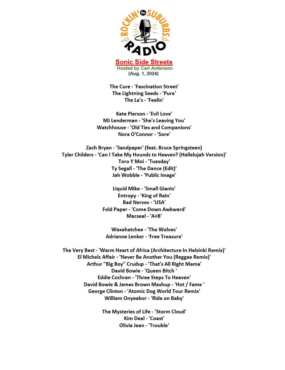 This is the playlist on today’s Sonic Side Streets! Replay on Sunday afternoon.  Listen everyday on suburbsradio.com.  Or archives on Mixcloud… mixcloud.com/RtSRadio/unkno… ⁦<a href="/SuburbsPod/">Rockin' the Suburbs</a>⁩ #internetradio
