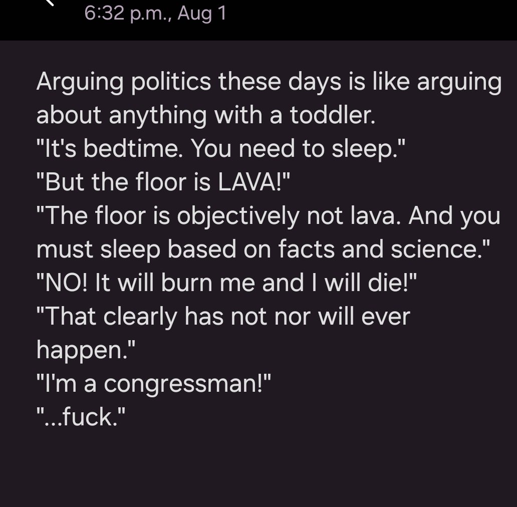 Text received from a friend today... I immediately thought, "Yeah, this should live on Twitter."  #politics #FactsMatter