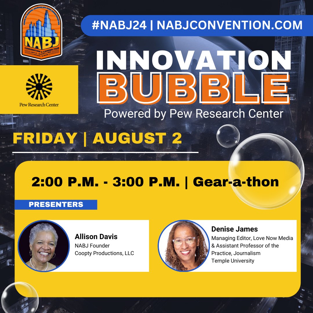 Hey, #nabj24! Here’s what’s popping on the last day of the Innovation Bubble at #NABJ2024. Stop by and stay a while! All sessions are in the same room. #NABJ2024