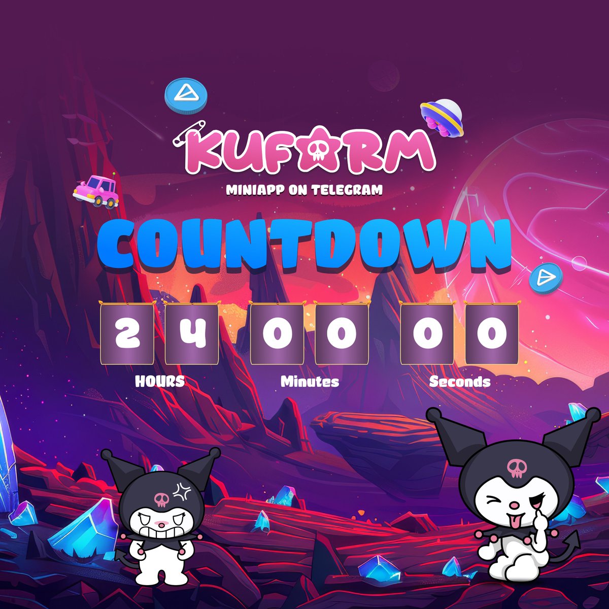 KuGame_Official's tweet photo. ⏰Kuromi goes live on Telegram in 24 hours! Get ready for gold farming, missions, and big prizes!⏰
📅 Release Date: 2-August
🎁 Join the Jackpot to win up to 5,000 USDT!
Set your alarms for Kuromi's epic adventure!
#GoldFarming #KUFtokens #TelegramGame #WinBig #FarmToEarn https://t.co/dQbeAWZoP0