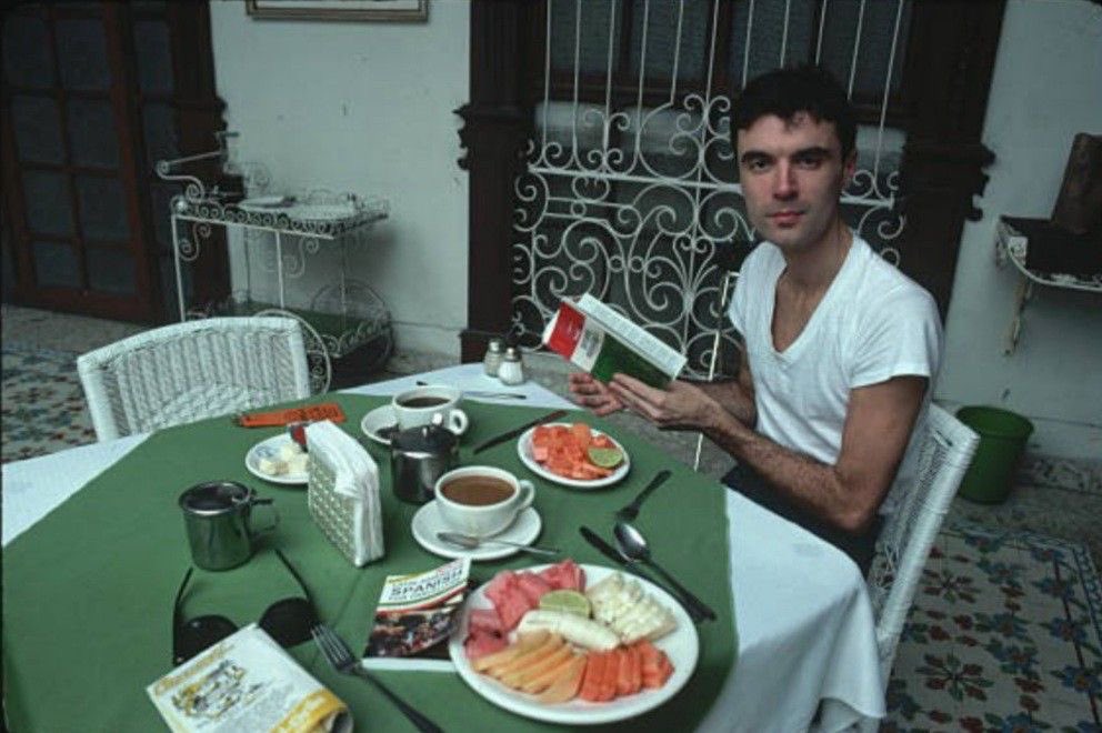 David Byrne having breakfast in Mexico, 1980