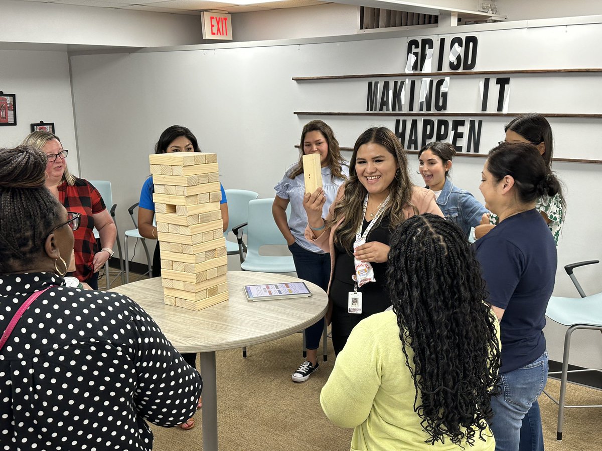 JennGRoach's tweet photo. Our campus mentors are ready to support our all star new teachers! We loved getting to know them with jumbo jenga! @lead4ward #GPISDLearns https://t.co/G46dvj3Loy